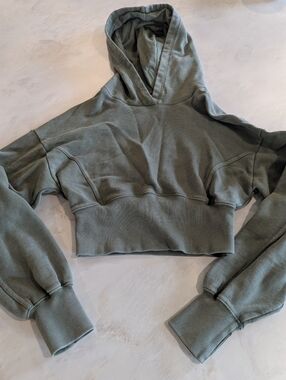 OFFLINE by Aerie Throw-Back Cropped Hoodie Small Green Thumbholes Long Sleeve